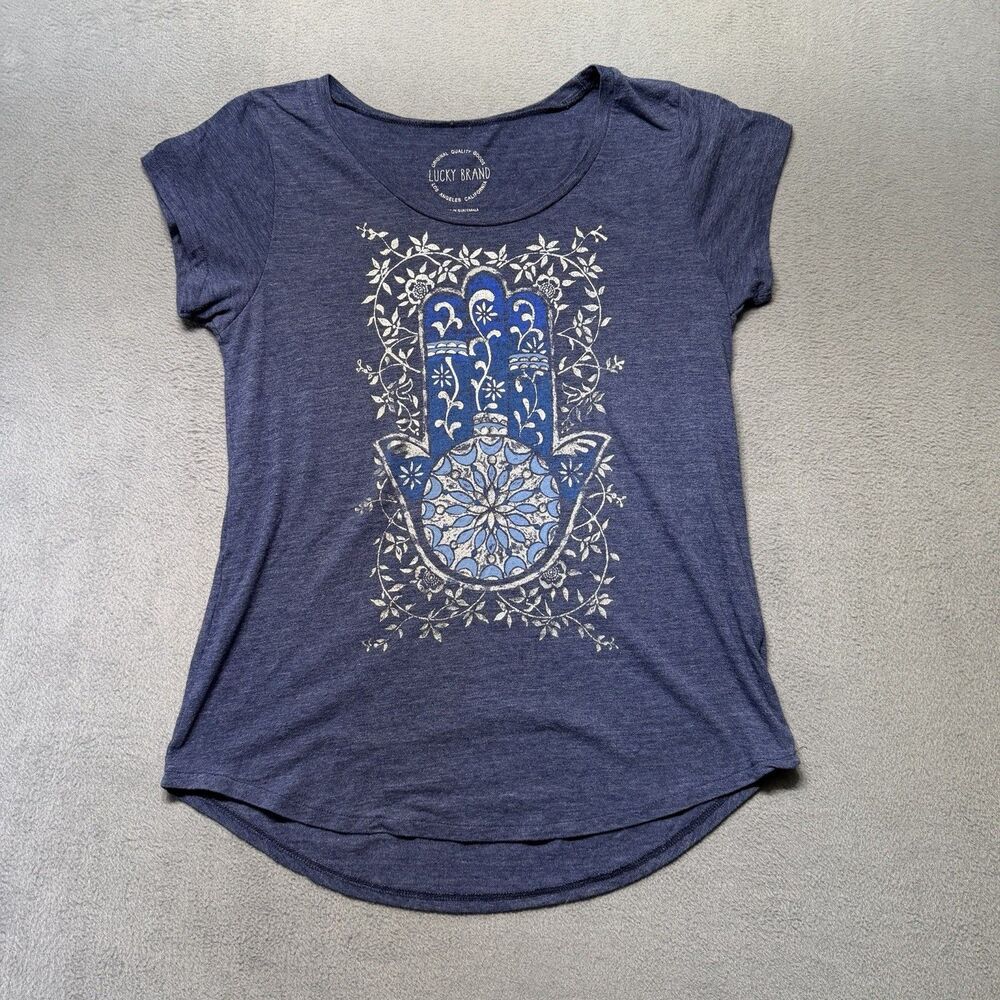 Lucky Brand Womens Medium T Shirt Blue Hamsa Hand Floral Graphic Boho Casual Tee